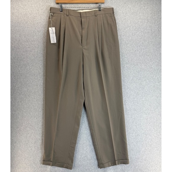 Perry Ellis Portfolio Mens‎ Dress Pants 38x34 Pleated Beige Brown Wool Blend NWT - Picture 1 of 15